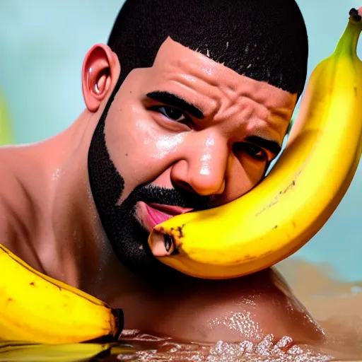 Image similar to Drake taking a bath with bananas, 8k, sharp, high details, detailed face