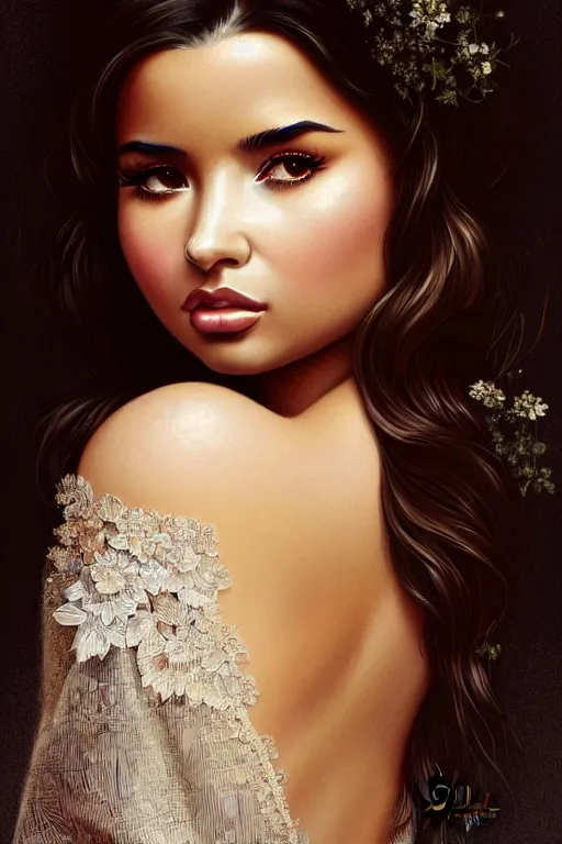 Image similar to clear portrait of demi rose, vogue cover, high fashion, bokeh background, cottagecore, portrait, intricate, elegant, highly detailed, digital painting, artstation, concept art, smooth, sharp focus, illustration, art by artgerm and greg rutkowski and alphonse mucha