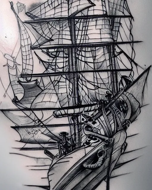 Image similar to A tattoo design sketch of a realistic pirate ship, on paper, black and white, highly detailed, realistic tattoo, trending on pinterest