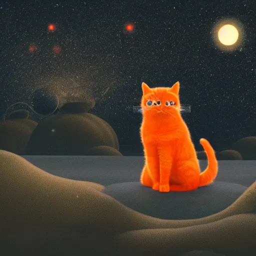 Prompt: A fuzzy orange cat sitting on planet earth, space with stars in the background, eerie vibes, trending on artstation, 3D animation