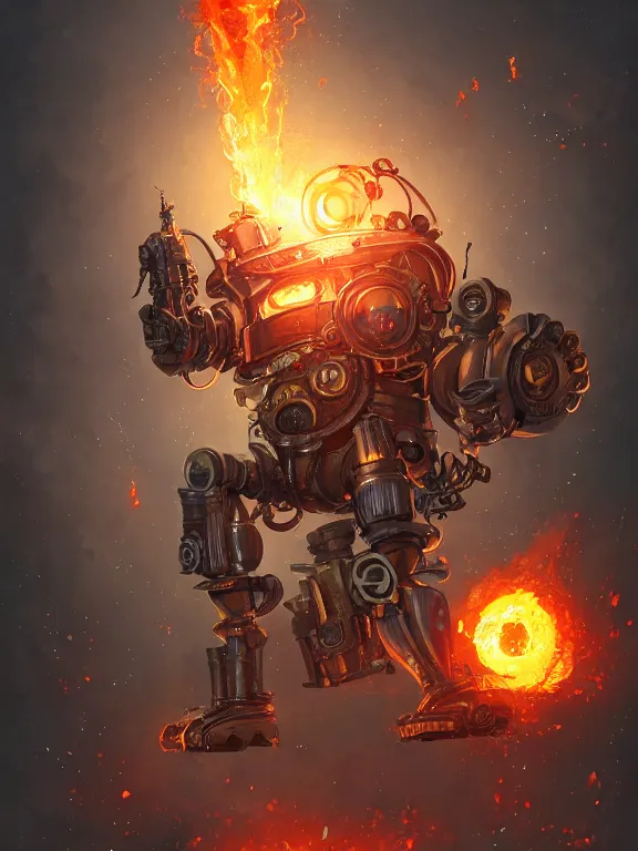 Prompt: a floating steampunk chubby robot burning in flamesaround its whole body, steampunk, high fantasy, highly detailed, sharp focus, high fantasy, by rossdraws