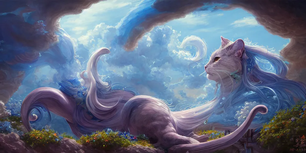 Prompt: A realistic painting of The Creation Cat and its Palace on blue flowers, in the style of Krenz Cushart, Moebius, and Muchain, Prismatic, Rococo, highly detailed, masterpiece, dreamy, award-winning, sharp focus, concept art, Cinema lighting, 8k, trending on artstation
