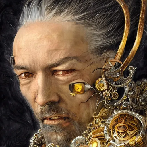 Image similar to portrait, headshot, insanely nice hair style, digital painting, of a old 17th century, old cyborg merchant, amber jewels, baroque, ornate clothing, scifi, realistic, hyperdetailed, chiaroscuro, concept art, art by Franz Hals and Jon Foster and Ayami Kojima and Amano and Karol Bak,