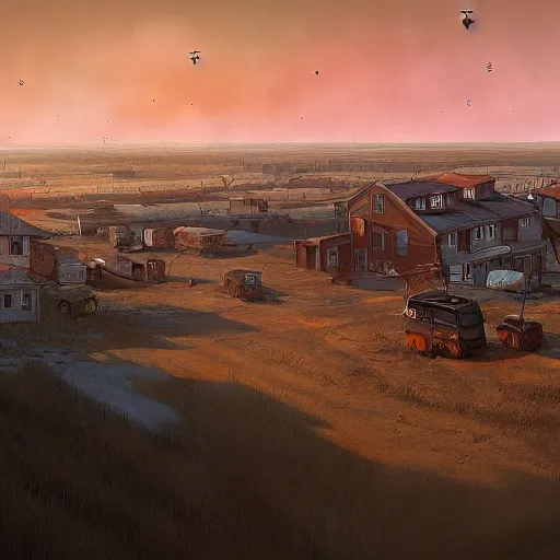 Prompt: matte painting of russian small town in the steppes by simon stolenhag