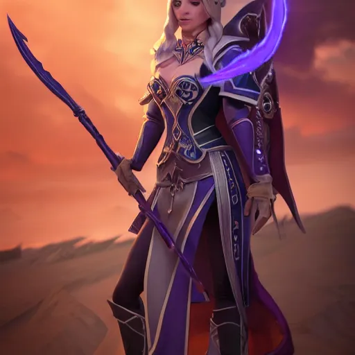 Image similar to A full body portrait of Jaina Proudmore (World of Warcraft) holding an arcane staff. 3d render, octane render, game art, realistic, highly detailed, trending on artstation, 4k, trending on artstation, pixar, cgsociety, unreal engine 5, redshift render, trending on artstation, blender, behance, cg