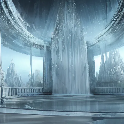 Image similar to a spiritual matte painting by feng zhu of a contemporary crystal throne room with tall banner hanging, unreal engine, ue5, concept art, wide angle, photo realistic, high detail, 4k hd wallpaper