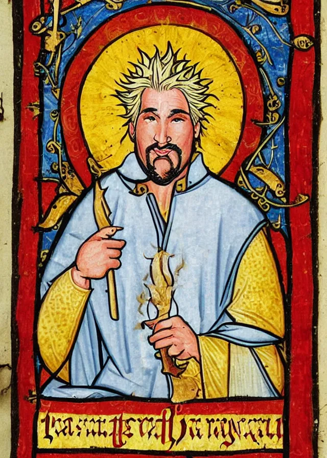 Prompt: medieval illuminated manuscript depicting saint guy fieri, patron saint of flavor