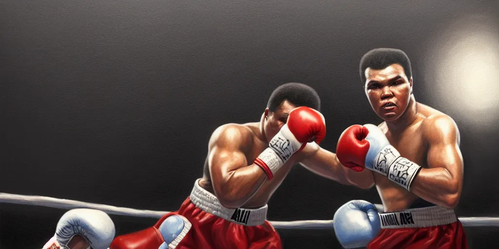 Image similar to portrait of muhammad ali in boxing ring, extremely detailed digital painting, in the style of fenghua zhong and ruan jia and jeremy lipking and peter mohrbacher, mystical colors, rim light, beautiful lighting, 8 k, stunning scene, raytracing, octane, trending on artstation