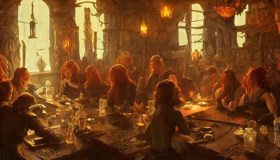 Image similar to tavern, fame of thrones, pinup. lord of daggers, past, neon, fibonacci, sweat drops, insane, intricate, highly detailed, digital painting, artstation, concept art, smooth, sharp focus, illustration, Unreal Engine 5, 8K, art by artgerm and greg rutkowski and alphonse mucha