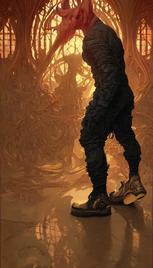 Prompt: portrait of a demon wearing toe shoes ( vibram five fingers ), digital art, technicolor, grim - lighting, high - contrast, intricate, elegant, highly detailed, centered, digital painting, artstation, concept art, smooth, sharp focus, illustration, artgerm, greg rutkowski, alphonse mucha, steve argyle