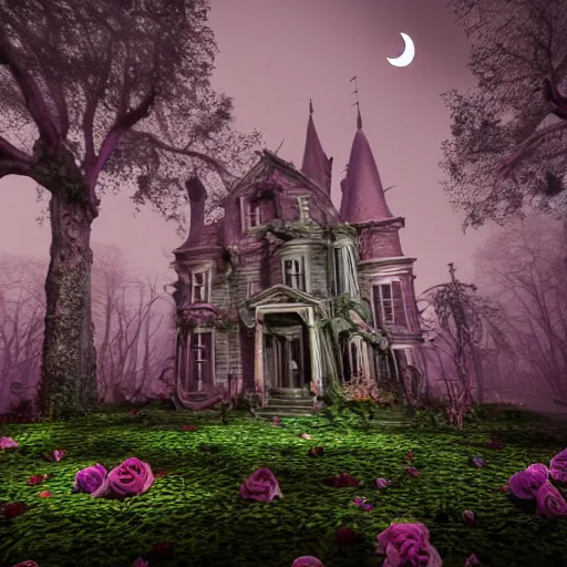 Prompt: Haunted Mansion in a dark forest dead trees moon lit sky spooky depth of field cinematic view Vray 8K HDR Vines Tombstones architecture garden with roses windows glowing purple eerie render