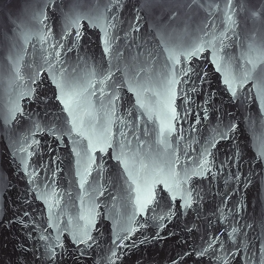 Prompt: the lovecraftian stonepunk city of cyclopean towers and stone cephalopod castles in the mountains of antarctica, upward cinematic angle, by p. craig russell, rodney matthews, frank frazetta and michael kaluta, fantasy art, psychedelic atmosphere, heavy winter aesthetics, stunning composition, alien faces, monstrous animal statues, intricate, strange, elegant, digital art, hyperdetailed, colorful hyperrealism, brilliant photorealism, horror, masterpiece, 8k