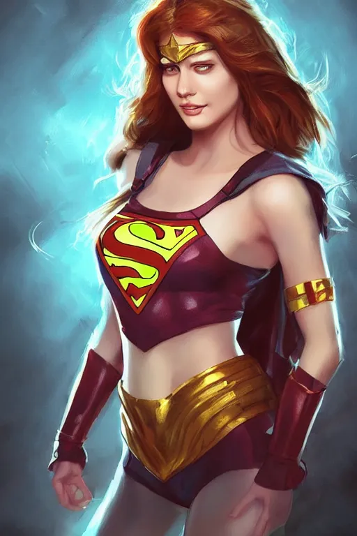 Image similar to three quarters portrait pose of a beautiful woman,super hero costume,heroic pose,highly detailed, digital painting,illustration, art by Stanley Lau