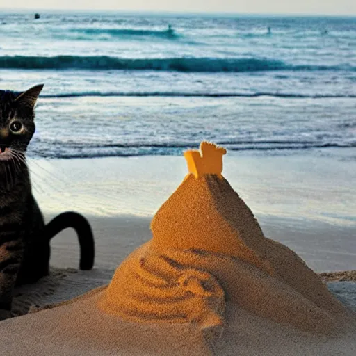 Prompt: a photo of cat making a sand castle on the beach
