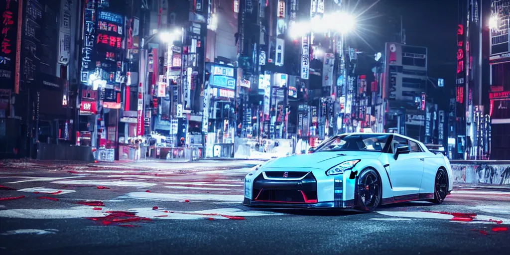 Prompt: NISSAN GT-R with blood vinyil in the middle of a road on the night Tokyo, blue color grading, cinematic color grading , unreal 5, hyperrealistic, realistic, photorealistic, dynamic lighting, highly detailed, cinematic landscape, studio landscape, studio lighting