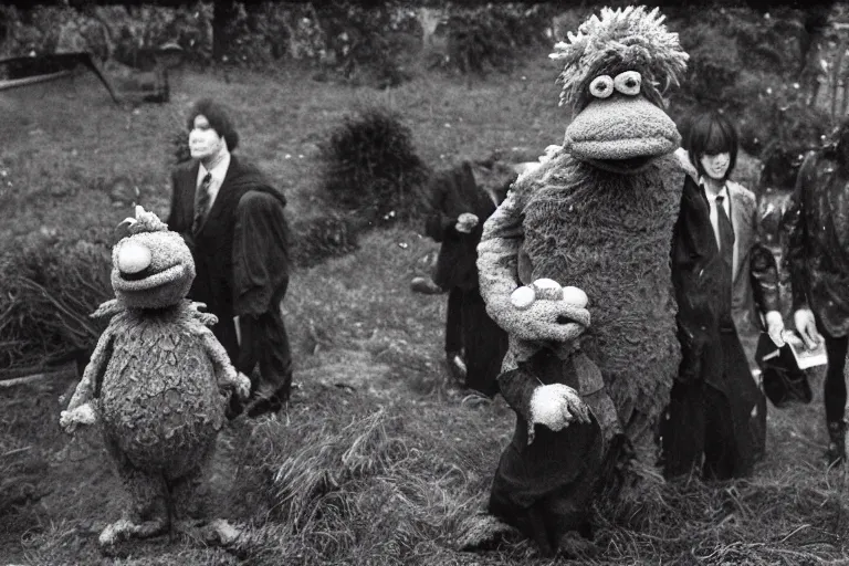Prompt: photo of sad muppet funeral, graveside, rain, outside, 1 9 8 0 s, creepy, scary, crying, grotty, ugly, terrified, brian froud, film look, cinematic, terry gilliam
