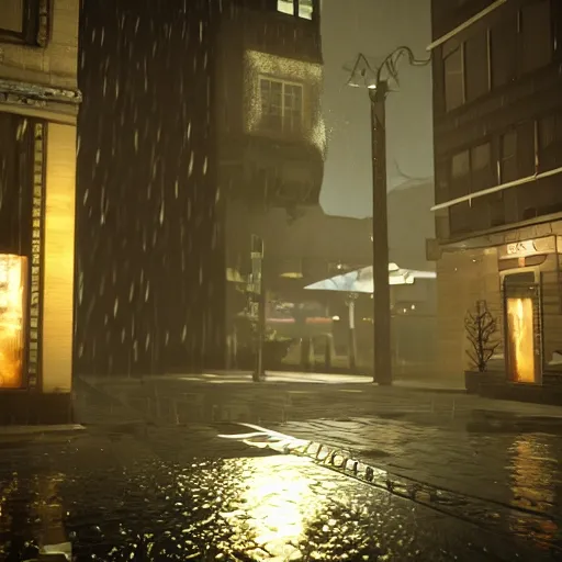 Prompt: rainy videogame with multiple characters liking each other in difficult times, colored point lights, volumetric lighting, unreal engine, 8K,