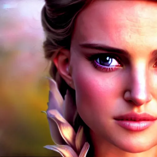 Image similar to princess elsa played by a young natalie portman with smooth skin and light blue eyes, ethereal, mystic, medium shot, detailed eyes, vivid, golden hour