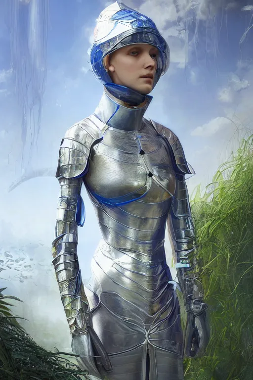 Prompt: female knight errant in a high tech botanical world with blue skies| pristine metals, glass and plants | solarpunk | artstation | | high detail | Jules Joseph Lefebvre, Vincent Callebaut