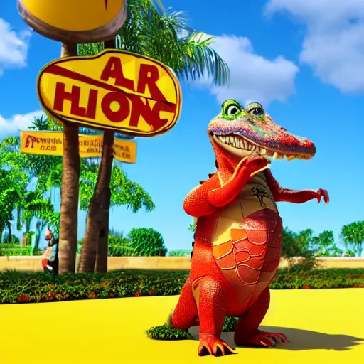 Image similar to 3 d render, anthropomorphic alligator, red scales on his back, yellow scale on his belly and chest, male, waring a hawaiian shirt, in the style of zootopia, hd, 4 k, high definition background