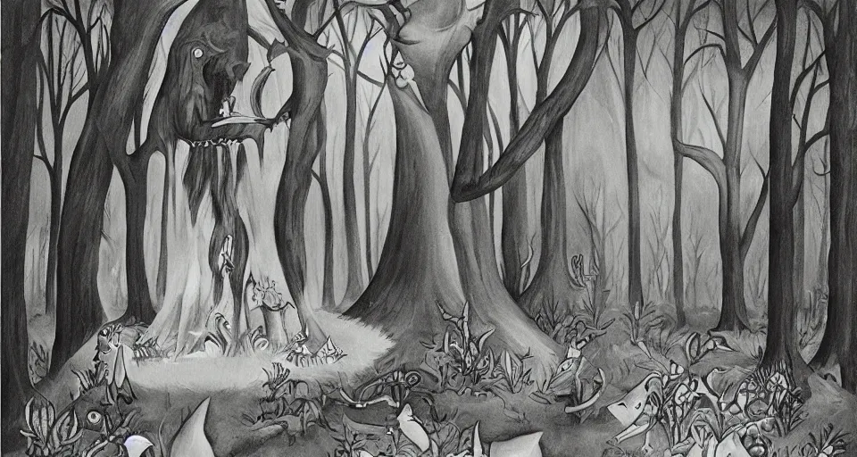 Prompt: Enchanted and magic forest, by Charles Addams