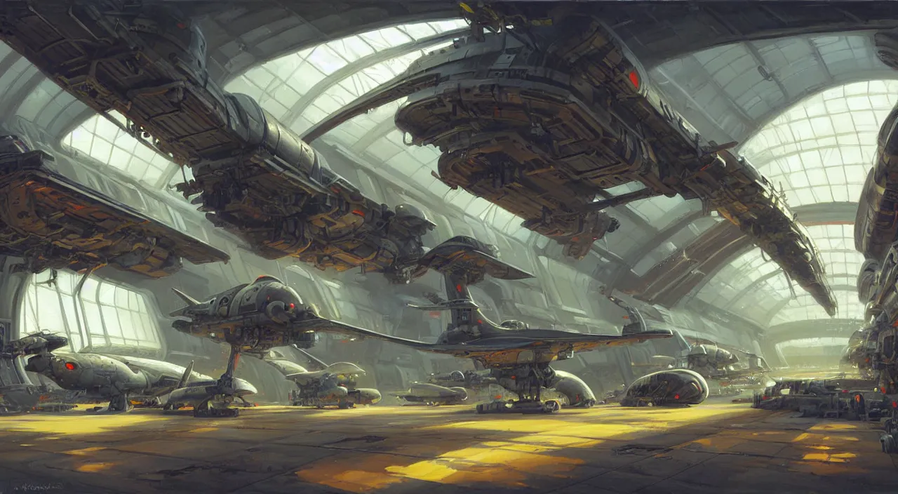 Image similar to a painting of a sci fi hangar, by jesper ejsing