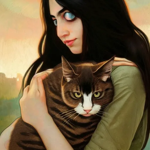 Image similar to emo mexican girl and her cat, with long dark hair, thick eyebrows!!! deep dark big shiny eyes and dark circles!, wide nose!!!, oval face shape, big cheeks! by juan villafuerte, greg rutkowski and alphonse mucha, pexels contest winner, high quality photo, rtx, hd