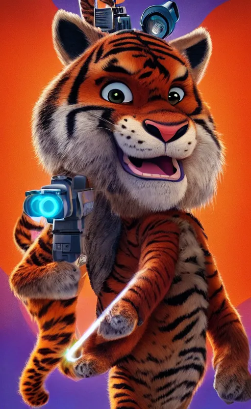 Image similar to “portrait of tiger in the style of the movie zootopia holding a laser gun, with a dark background behind him”