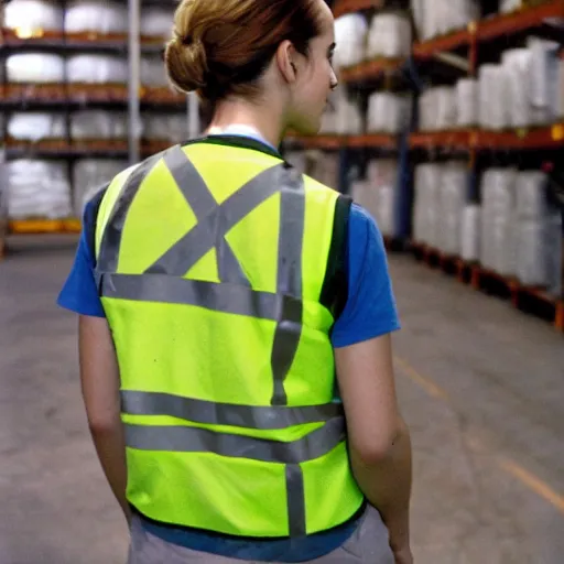 Prompt: photo, close up, emma watson in a hi vis vest, in warehouse, disposable camera, 5 0 mm,