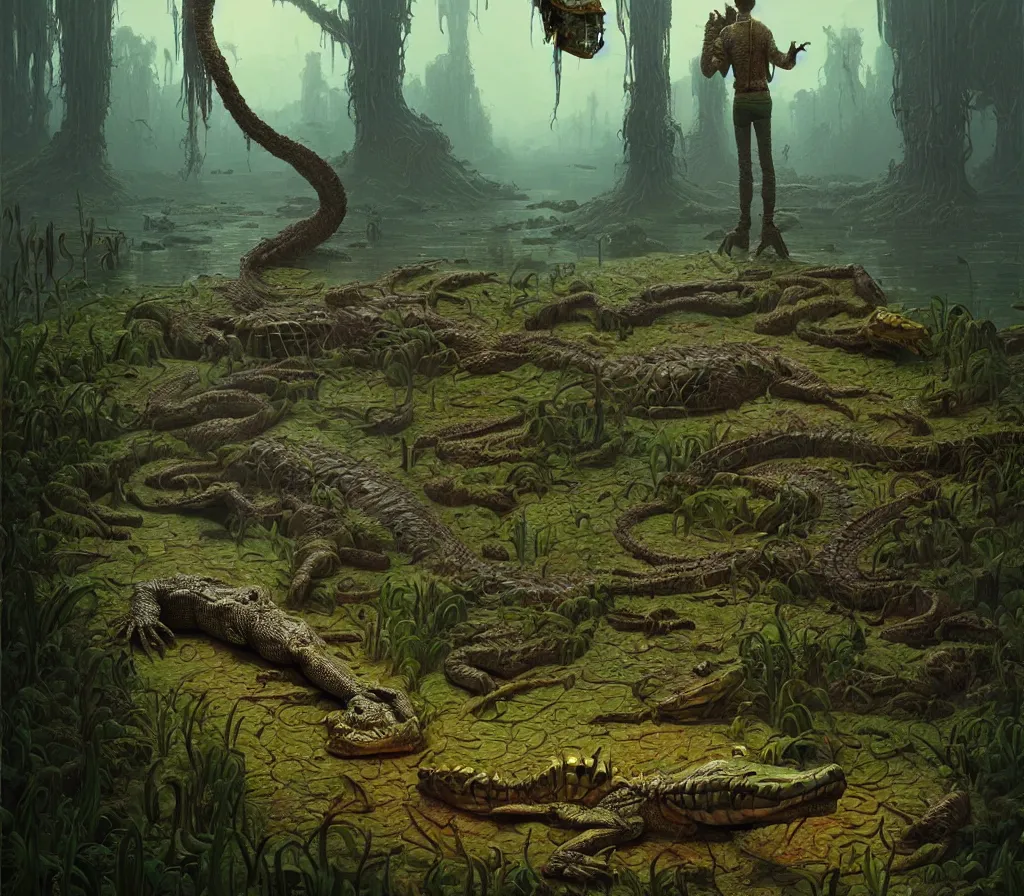 Image similar to a man with the head of an alligator, intricate, detailed, volumetric lighting, sharp focus, scenery, photorealism, digital painting, highly detailed, concept art, by roger dean and simon stalenhag and mark brooks