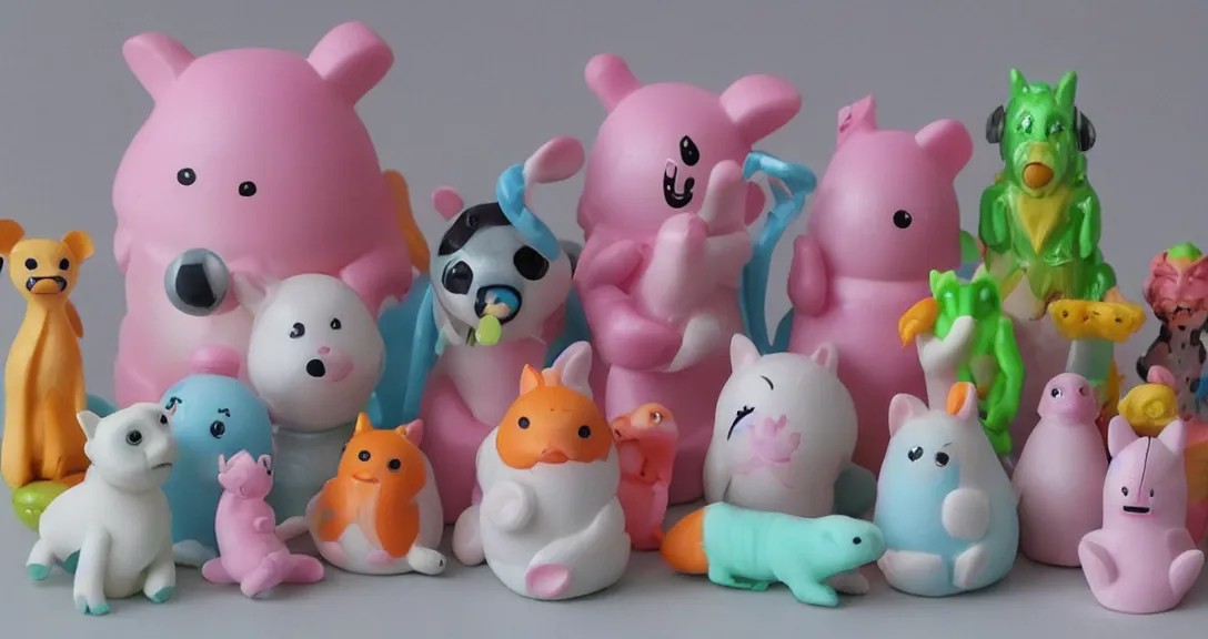 Image similar to some cute plastic toys that look like animal characters, pastel colors