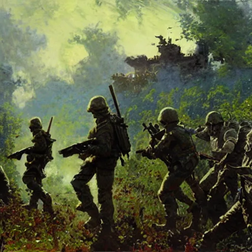 Image similar to soldiers being killed by fantasy minecraft creeper, painting by Gaston Bussiere, Craig Mullins
