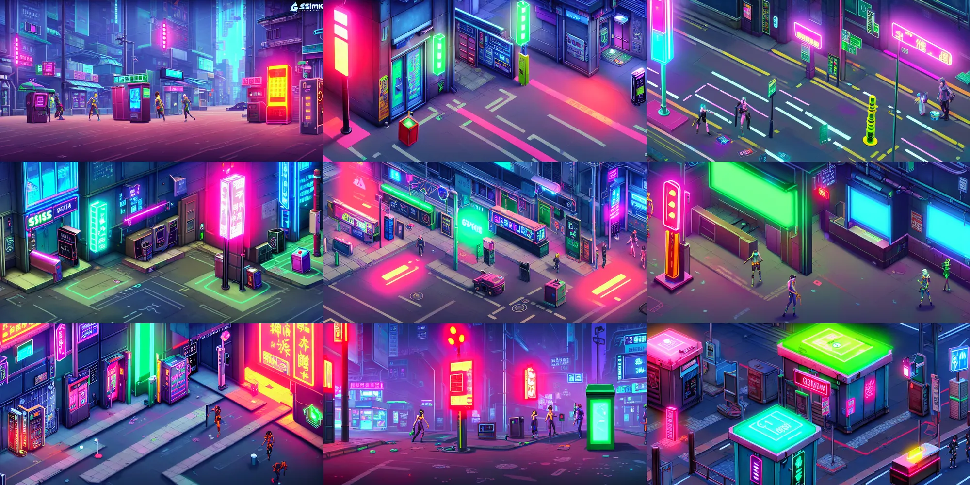 Prompt: game asset of the sims cyberpunk hongkong shadowrun furniture and decor, traffic light, signs, electric box and pole, console and computer, trash can, kiosk and stall, no characters, in gouache detailed paintings, props, stylized, 2 d sprites, kitbash, arcane, overwatch, blue and pink color scheme, 8 k, close up