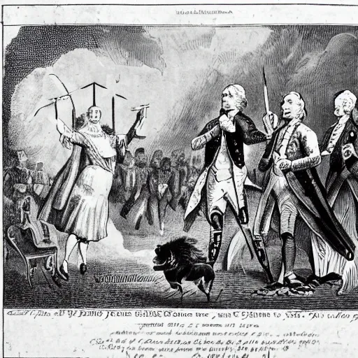 Image similar to 1790s British political cartoon about Satanic States of America, George Washington as a goth, newspaper, Baphomet