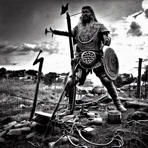 Image similar to wise angle photo of viking in armor working on the mechanical ancient device, tools and junk on the ground,wires and lights, old village in the distance, vintage old photo, black and white, sepia