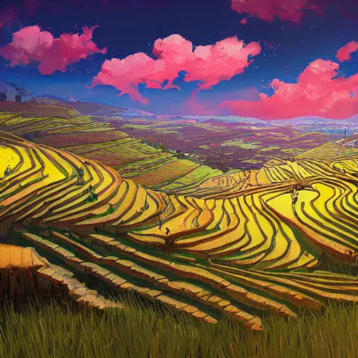 Image similar to beautiful scenery of rice terraces, by anato finnstark, by alena aenami, by john harris, by ross tran, by wlop, by andreas rocha