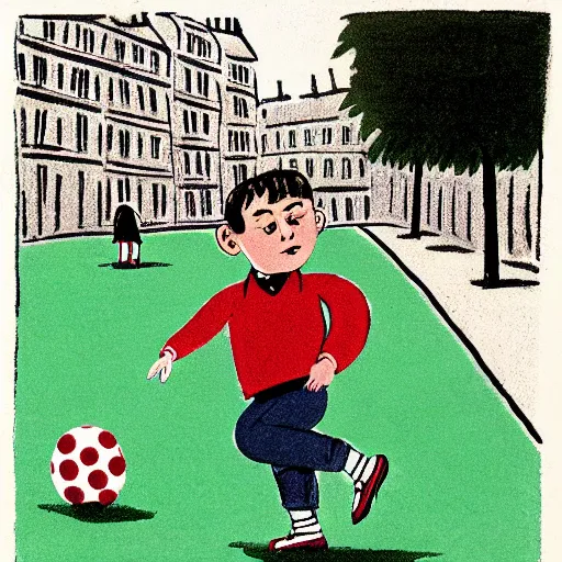 Image similar to book illustration of a french boy on the streets of paris playing football against a corgi, the dog is wearing a polka dot scarf, 1 9 6 6