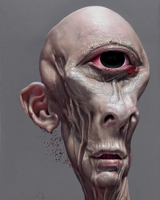 Image similar to Haunting horrifying hyperrealistic detailed painting of a tall slim flesh extraterrestrial creature made of concrete stone brick, covered in, heavy metal, disgusting, creepy, unsettling, and bloodshot eyeballs, hyper detailed, trending on Artstation