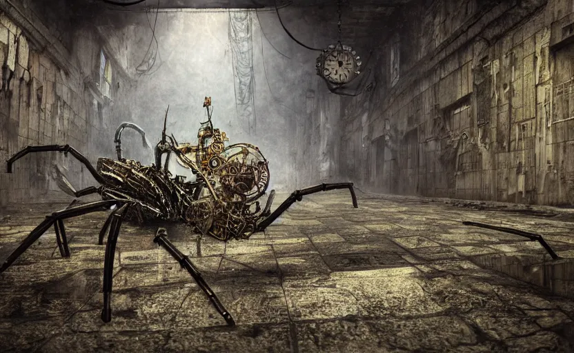 Prompt: destroyed mechanical clockpunk spider in a large dimly lit wet sewer, mossy walls, long corridor, wide angle shot, ultra detailed, fine drawing, grunge, eldritch horror, hyper real, 4 k, moody lighting, warm colors, shaded