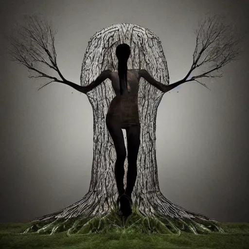 Image similar to Woman grown into a tree, dark, art