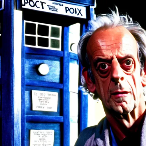 Prompt: christopher lloyd as doctor who in front of tardis, directed by steven spielberg, 1 9 9 4