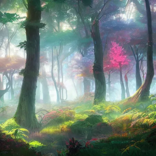 Image similar to concept art painting of a mystical colorful forest, with fog and strange colorful plants, realistic, detailed, cel shaded, in the style of makoto shinkai and greg rutkowski and james gurney