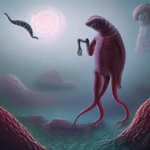 Prompt: surreal painting of man transforming into a worm creature digital painting, concept art, trending on artstation, highly detailed, epic composition, 8 k uhd