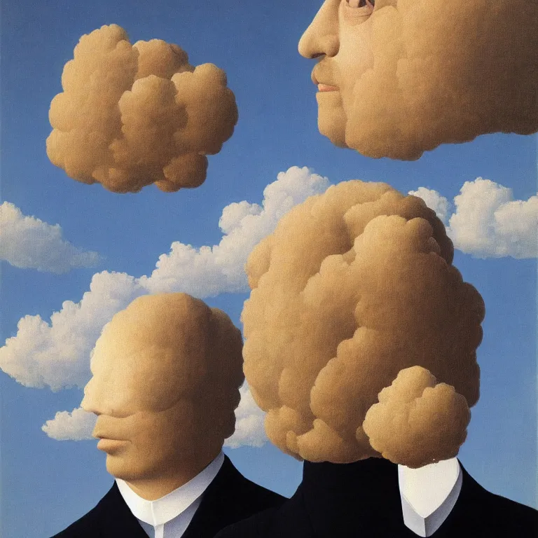 Image similar to portrait of a man whos head is a cloud, by rene magritte, detailed painting, hd, hq, high resolution, high detail, 4 k, 8 k