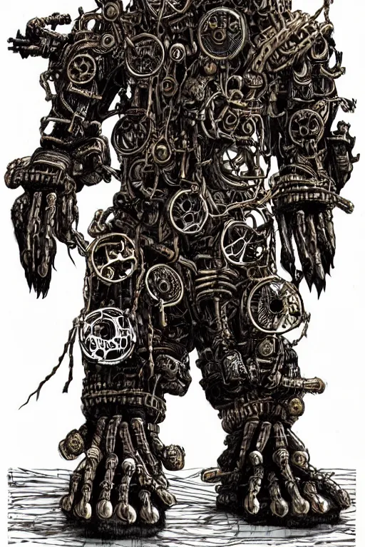 Image similar to wild monstorous anthropomorphic biomechanical bear shaman-warrior wearing chains made of tiny human skulls and other voodoo artifacts. Wearing dreadlocks made of cables and wires. Upgraded with hightech cyberwares. huge, big, giant bear human hybrid, mecha animal, tall, detailed woodcut armor, terrifying and dangerous, scary, beautiful, steampunk monster android hybrid art portrait, matte scifi fantasy painting, half robot half bear. Fullbody, Centered uncut. 50px margins on every side.. DeviantArt Artstation, by Jason Felix by Steve Argyle by Tyler Jacobson by Peter Mohrbacher, cinematic lighting