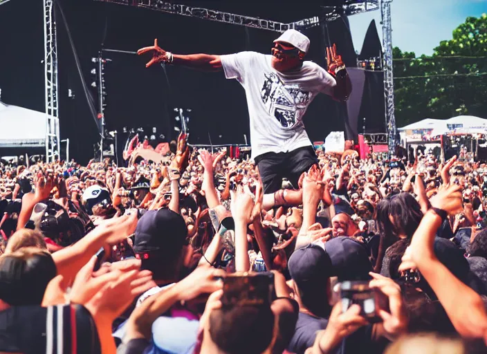 Image similar to photo still of samuel l jackson on stage at vans warped tour!!!!!!!! at age 3 3 years old 3 3 years of age!!!!!!!! stage diving into the crowd, 8 k, 8 5 mm f 1. 8, studio lighting, rim light, right side key light