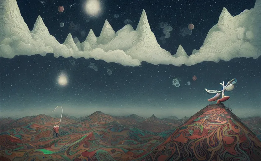 Prompt: mountains, stars and paisley filled sky, artstation, intricate, highly detailed, digital painting, concept art, sharp focus, illustration by Benjamin Lacombe and Yves Tanguy
