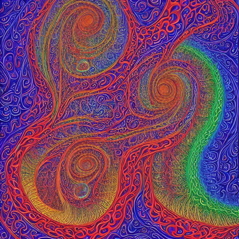 Prompt: psychedelic fractal soul on fire deep space galaxy fibonacci lateralus within award winning painting by alex grey symmetrical