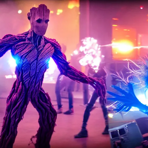 Prompt: groot and optimus prime dancing at techno party among people, wide shoot, after effect, ultra realistic