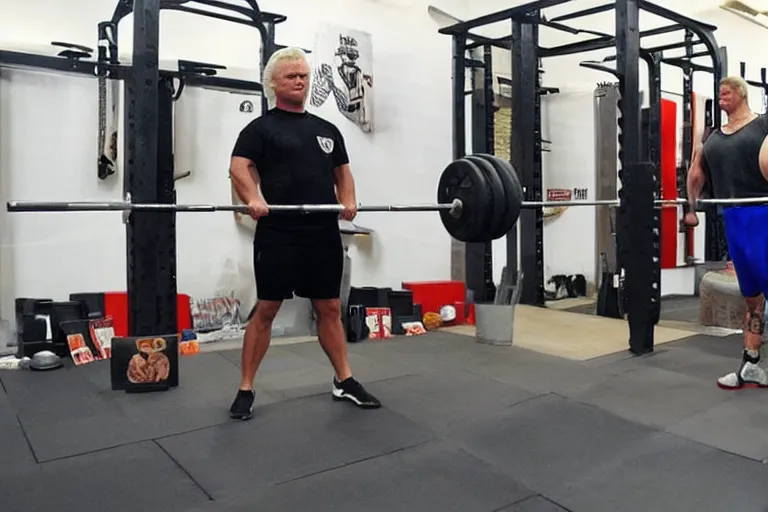 Prompt: geert wilders with big strongman body ipf deadlift lockout 5 5 0 kg plates on both sides of barbell